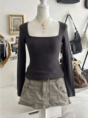 Zara Charcoal/Black Ribbed Square Neck Long Sleeve Top
